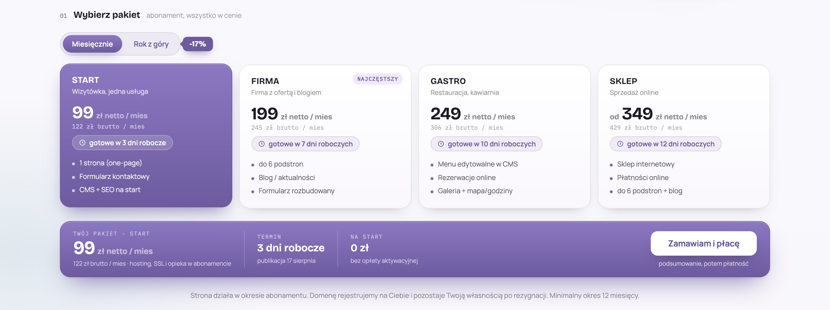 Kalkulator na xqx.pl: cztery pakiety z ceną netto i brutto, terminem realizacji i podsumowaniem, w którym na start widnieje 0 zł