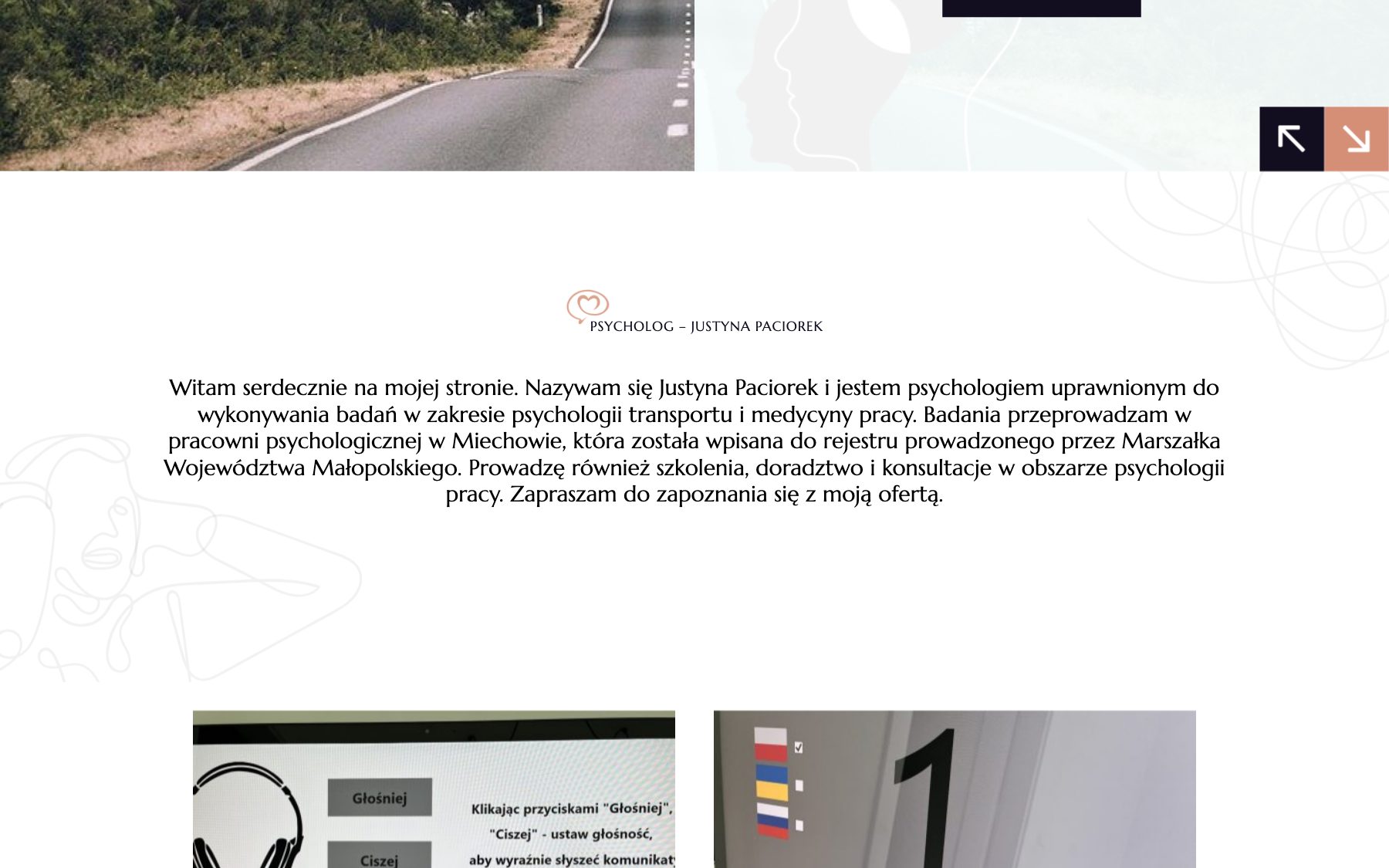 Strona psycholog-paciorek.pl, sekcja z opisem uprawnień i zdjęciami pracowni